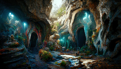 Naklejka premium A Gem Mine Cave Underground. Molten Lava Cave. Deep Cavern. Big Stalactite. Concept Art Scenery. Book Illustration. Video Game Scene. Serious Digital Painting.CG Artwork Background. 