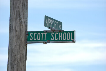 June 15, 2020. Nettle Creek Township, Illinois, USA. The street signs on a pole at the intersection of  Airport Road and Scott School Road.