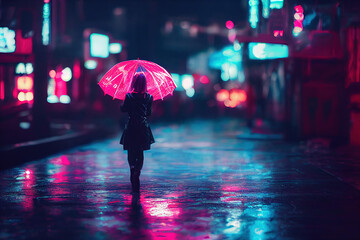 Woman with Umbrella Walking on Street at Night. Girl in the Rain. Minimalist House with Neon Light. Concept Art Scenery. Book Illustration. Video Game Scene. Serious Digital Painting. CG Artwork .
