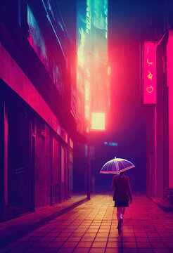 Woman with Umbrella Walking on Street at Night. Girl in the Rain. Minimalist House with Neon Light. Concept Art Scenery. Book Illustration. Video Game Scene. Serious Digital Painting. CG Artwork .
