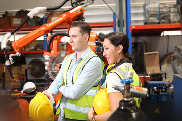 Smart industry robot arms digital factory technology. Concept of automation manufacturing process...