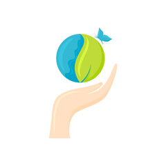 Planet Earth blooming clean green on hand flat. Conserve nature save vegetation sea air resources energy conservation eco bio logo firm website business concept simple stylish isolated on white