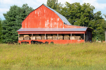 Red Barn on a Black Angus cattle farm used for round bales of hay storage and farm equipment in Franklin County Tennessee