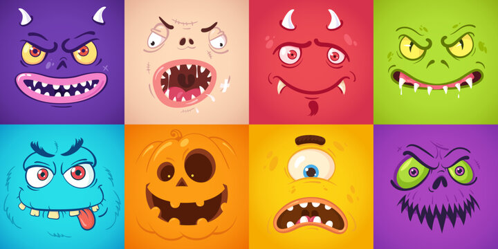 Collection of scary monsters faces in cartoon style. Funny and spooky halloween monsters with big sharp teeth and creepy eyes. Design element for badges, labels, sticker, etc. Vector illustration
