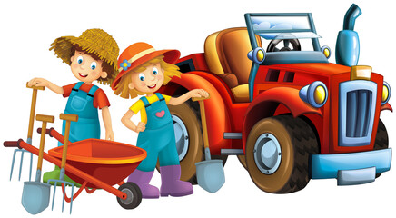 Obraz na płótnie Canvas cartoon scene with farmer girl and boy near the tractor isoalated illustration for children