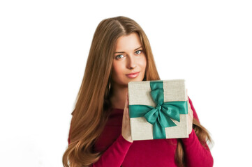 Christmas holiday present, happy woman holding a gift or luxury beauty box subscription delivery...