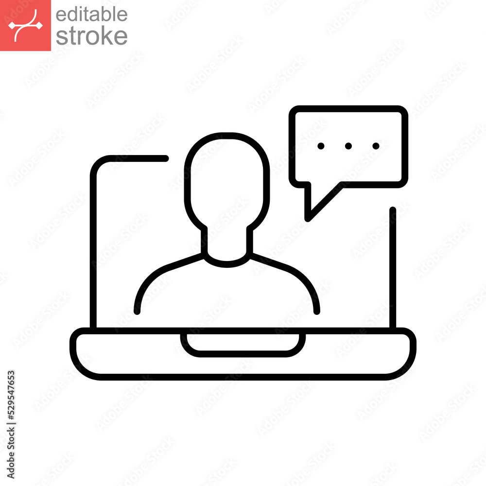 Aufkleber webinar online class line icon. monitor screen, user chat discussion for consulting virtual classroo
