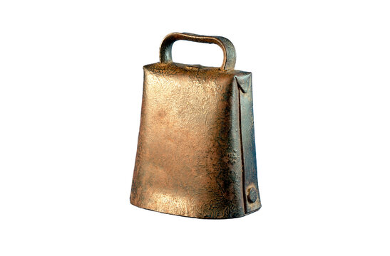 Rusty antique metal cowbell isolated on a white background