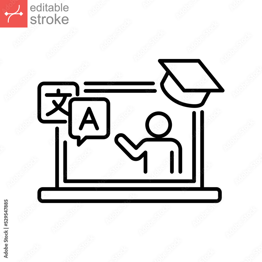 Aufkleber online language tutoring outline icon. virtual learning foreign languages lessons. distance web lear