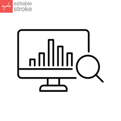 Sales index line icon. Magnifying glass revenue sale chart statistics analysis process of Financial business productivity improvement Editable stroke vector illustration design, white background EPS10