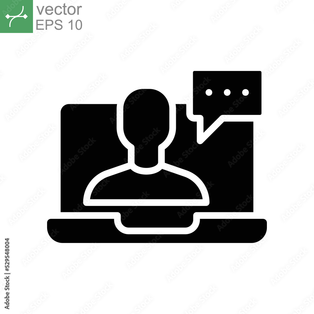 Poster webinar online class glyph icon. monitor screen, user chat discussion for consulting virtual classro