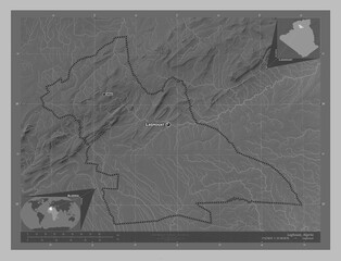 Laghouat, Algeria. Grayscale. Labelled points of cities
