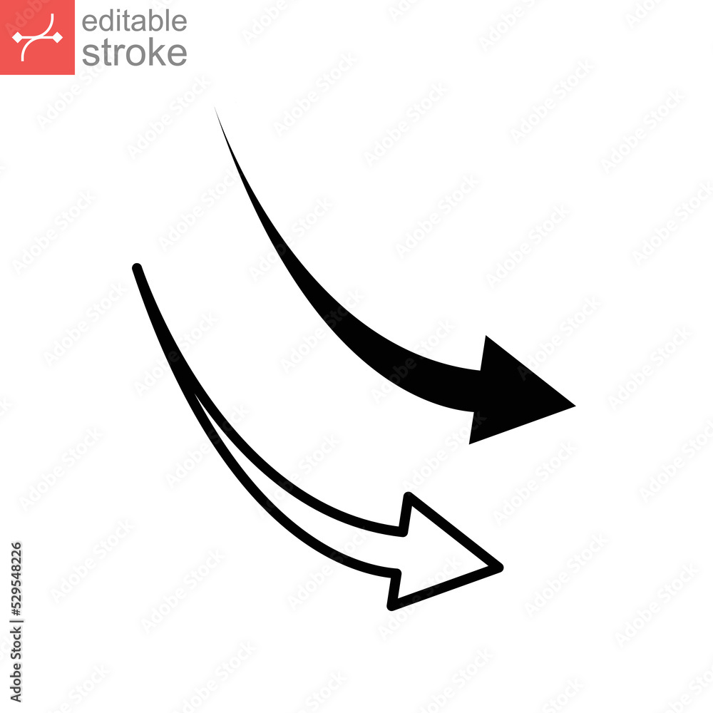Poster declining arrow sign, aim, arrow, arrowheads line and glyph icon. down right direction symbol for we