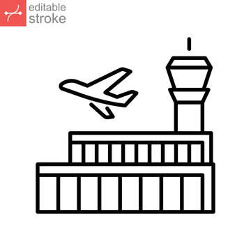 Airport Building Line Icon Symbol. Airplanes On Runway, Aircraft Control Tower Terminal Building. Travel F Tourism Planning Editable Stroke Vector Illustration Design On White Background EPS 10