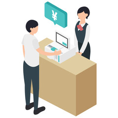 Obraz premium セルフレジで会計をする男性と受付の女性