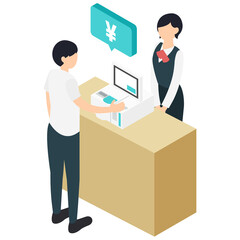 Obraz premium セルフレジで会計をする男性と受付の女性