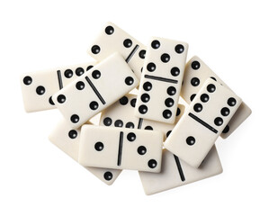 Pile of classic domino tiles on white background, top view