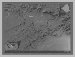 M'Sila, Algeria. Grayscale. Labelled points of cities