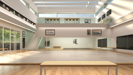 3D Illustration of Modern Dojo or Karate School with Light and Bright Atmosphere.  Gym has two mats with one private area behind glass.  Kanji means "The Way" and "Good Fortune".
