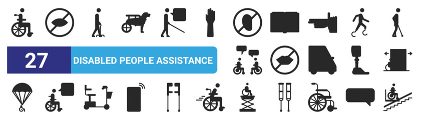 set of 27 outline web disabled people assistance icons such as disabled, blind, disabled, braille, dumb, lift vector thin icons for web design, mobile app.