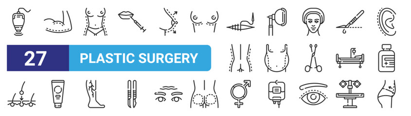 set of 27 outline web plastic surgery icons such as laser, arm, torso, anesthesia, belly, cream, gender, belly vector thin icons for web design, mobile app.