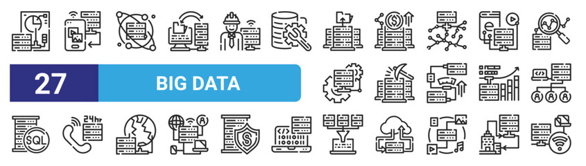set of 27 outline web big data icons such as visualization, mobile, science, money, data, support, query, wireless vector thin icons for web design, mobile app.