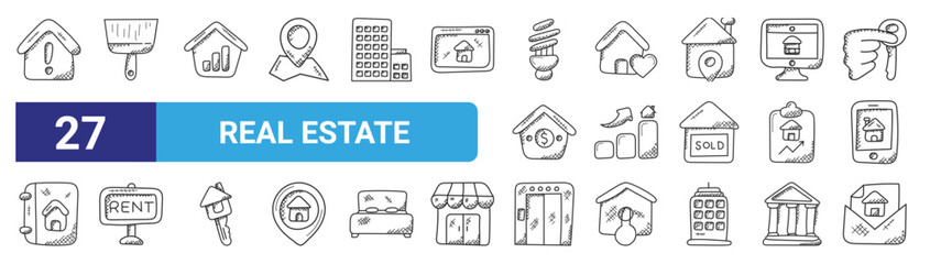 set of 27 outline web real estate icons such as real estate, paintbrush, house value, sweet home, house value, for rent, elevator, real estate vector thin icons for web design, mobile app.