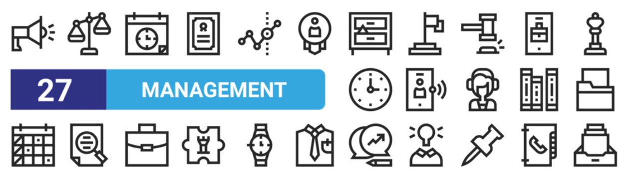 set of 27 outline web management icons such as megaphone, scales, calendar, red flag, smartphone, search, growth, documents vector thin icons for web design, mobile app.