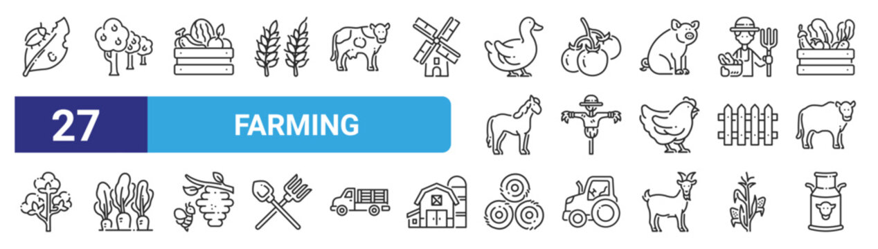 set of 27 outline web farming icons such as pests, tree, fruits, tomatoes, scarecrow, carrot, hay bale, milk tank vector thin icons for web design, mobile app.