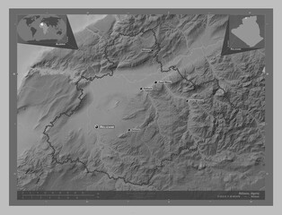Relizane, Algeria. Grayscale. Labelled points of cities