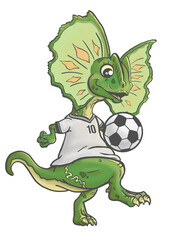 DINOSAURIO SONRIENDO ENTRENANDO PARA IR AL MUNDIAL JUGANDO AL FUTBOL CON LA CAMISETA NUMERO DIEZ © PabloIlustrado