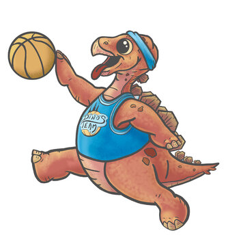 dinosaurio jugando al b&aacute;squet dando un gran salto