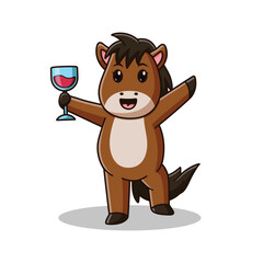 Cute Horse Cartoon Holding a Glass of Drink. Horse Icon Concept. Flat Cartoon Style. Suitable for Web Landing Page, Banner, Flyer, Sticker, Card
