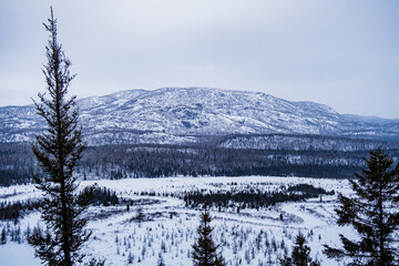 View in winter on Valin mountain and the Monts Valin National Park from the belvedere of Mirador hiking trail, near Saguenay, Quebec (Canada)