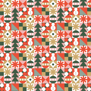 Seamless pattern with geometric Christmas motifs. Repeatable pattern tile design for winter holidays in neo geometric style. For wrapping paper, wallpaper, textile, poster background, etc.