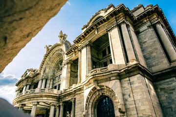 Fototapeta na wymiar The Palace of Fine Arts Mexico City Front Balcony Entrance View under Sun Light