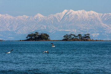 冬の氷見海岸から日本海越しの雪の立山連峰
