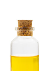 Yellow food coloring in mini glass bottle with cork isolated on white background