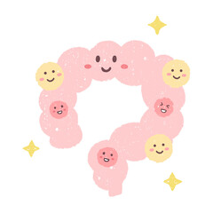 手描きのかわいい大腸のキャラクターと善玉菌