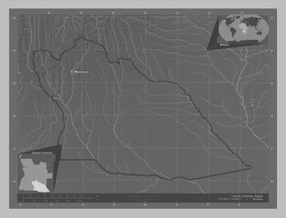 Cuando Cubango, Angola. Grayscale. Labelled points of cities