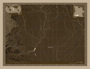 Cunene, Angola. Sepia. Labelled points of cities