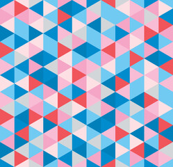 Retro geometric triangle seamless repeating background pattern in vector format. Mosaic of blue, pink, and purple colors.