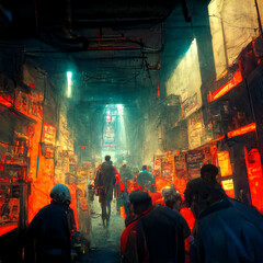 cyberpunk steampunk style street in night