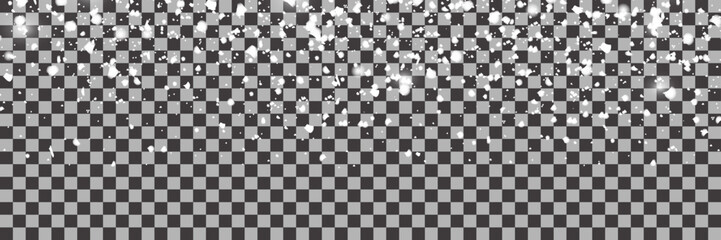 Snowfall with various shapes of snowflakes on transparent background. Panorama view snowfall vector illustrator