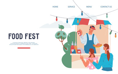 Food fest web banner or landing page mockup, flat vector illustration.