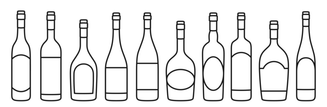Wine bottle different shapes linear doodle set. Various types alcohol beverages red, white, sparkling wine champagne liquor. Celebration advertisement blank bottles design for bar, cafe restaurant