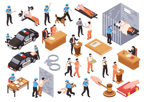 Law and order isometric set of police officers on duties judge and jury trial in court isolated vector illustration
