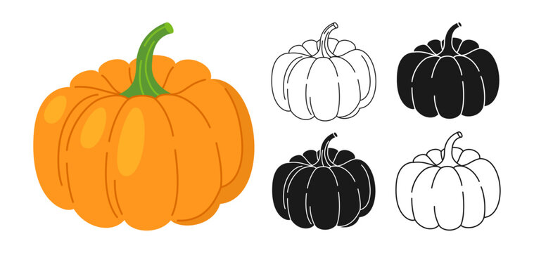 Pumpkin cartoon set line icon, symbol doodle style, engraving silhouette. Ripe flat whole pumpkins. Halloween, Thanksgiving Day festival harvest collection agricultural hand drawn vegetable vector