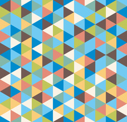 Retro geometric triangle seamless repeating background pattern in vector format. Mosaic of green, brown, yellow, blue and pink colors.