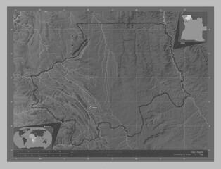 Uige, Angola. Grayscale. Labelled points of cities